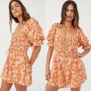Free People Show Me Love Romper Orange Floral Puff Sleeve XS
